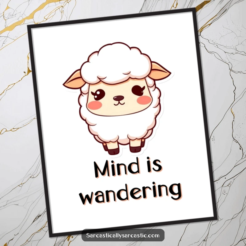 Funny kawaii sheep digital art print featuring a vacant stare and a slight smirk, perfect for wall decor, a funny gift.