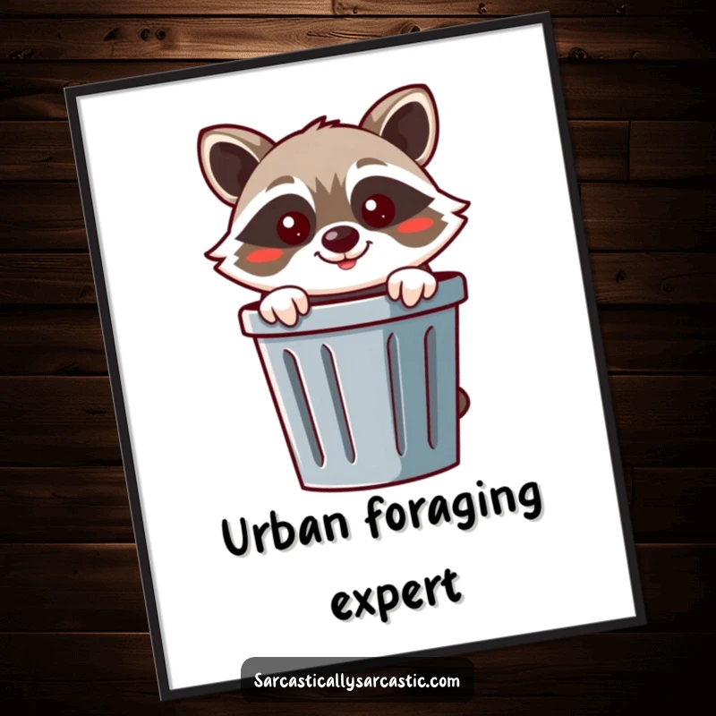Funny raccoon digital art print of a cheerful raccoon peeking from behind a trash can with a mischievous smirk, full of charm.