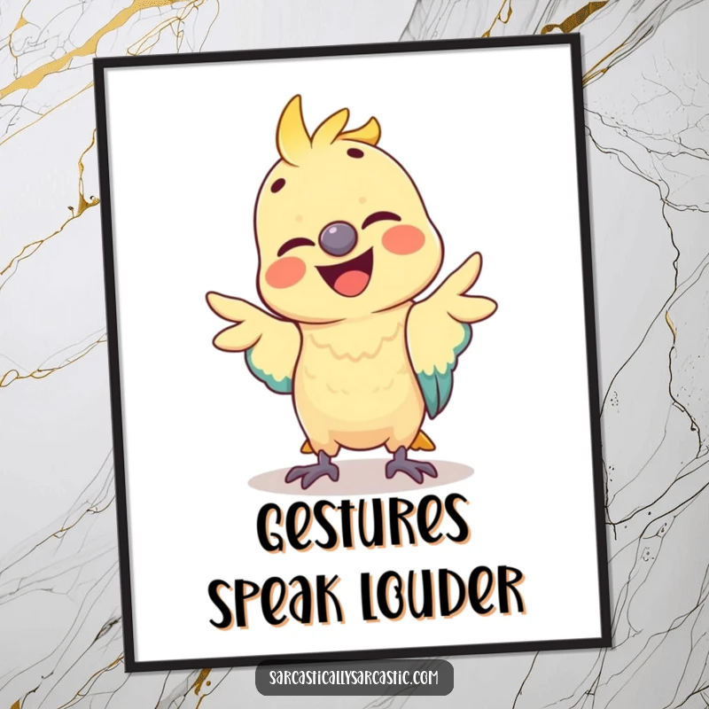 Funny parrot digital art print of a happy bird in a comical, mimicked gesture, offering instant downloadable humor for any space.