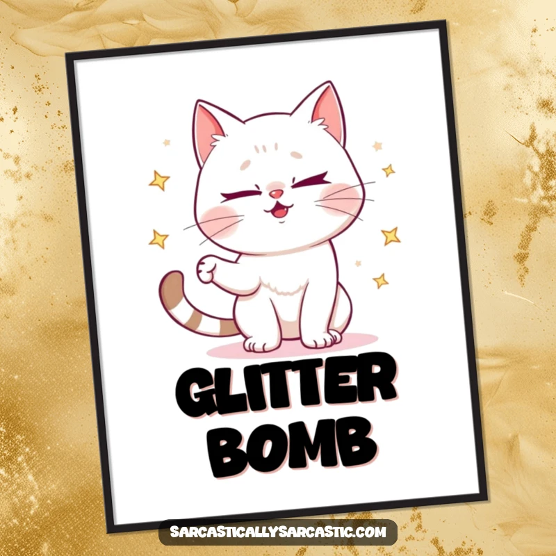 Funny digital art print of a mischievous cat winking and juggling sparkly objects, perfect for walls.