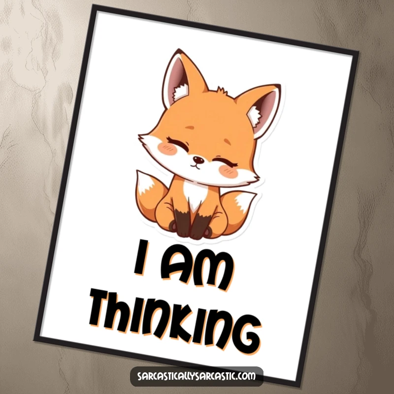 Funny kawaii fox digital art print featuring a cute head tilt and hint of amusement, perfect for wall decor, a funny gift.