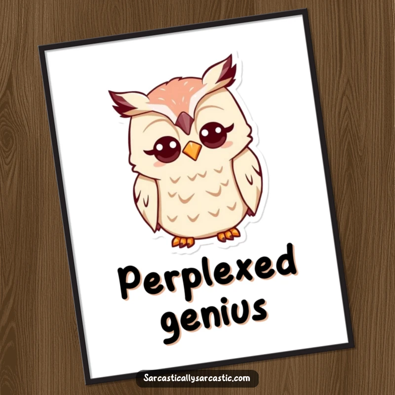 Funny Kawaii Owl Digital Art Print: A cute owl tilts its head with a funny, quizzical expression, perfect for instant thoughtful display.