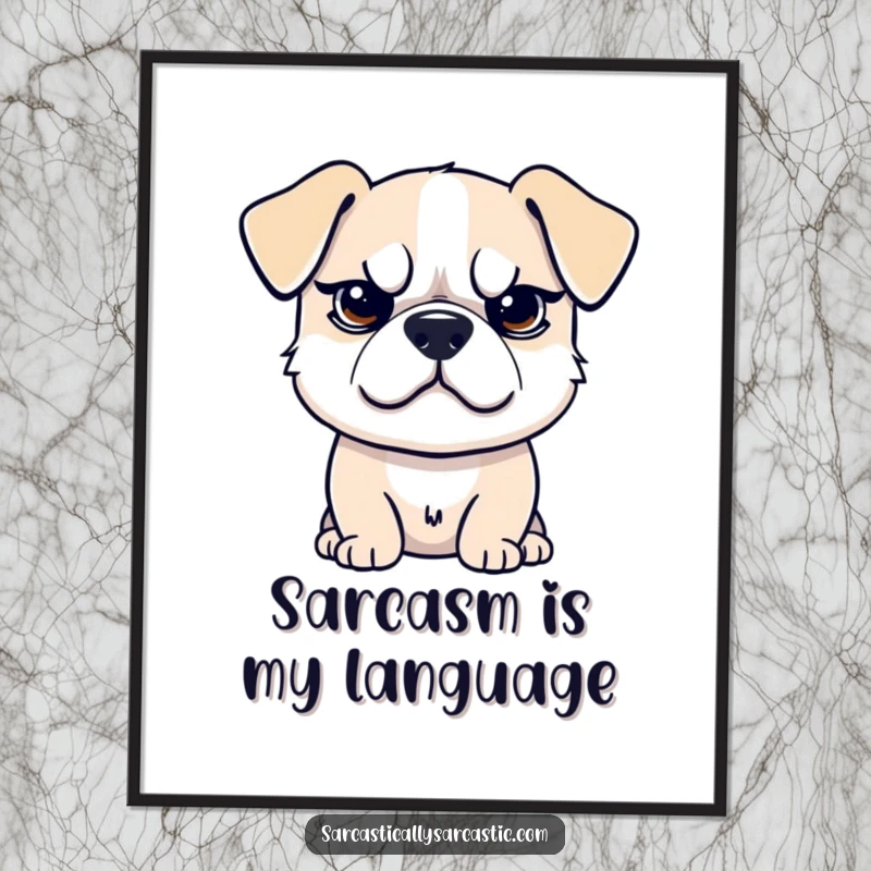 Funny digital art print of a sarcastic dog with a raised eyebrow and smirk, ready for download as a funny gift.