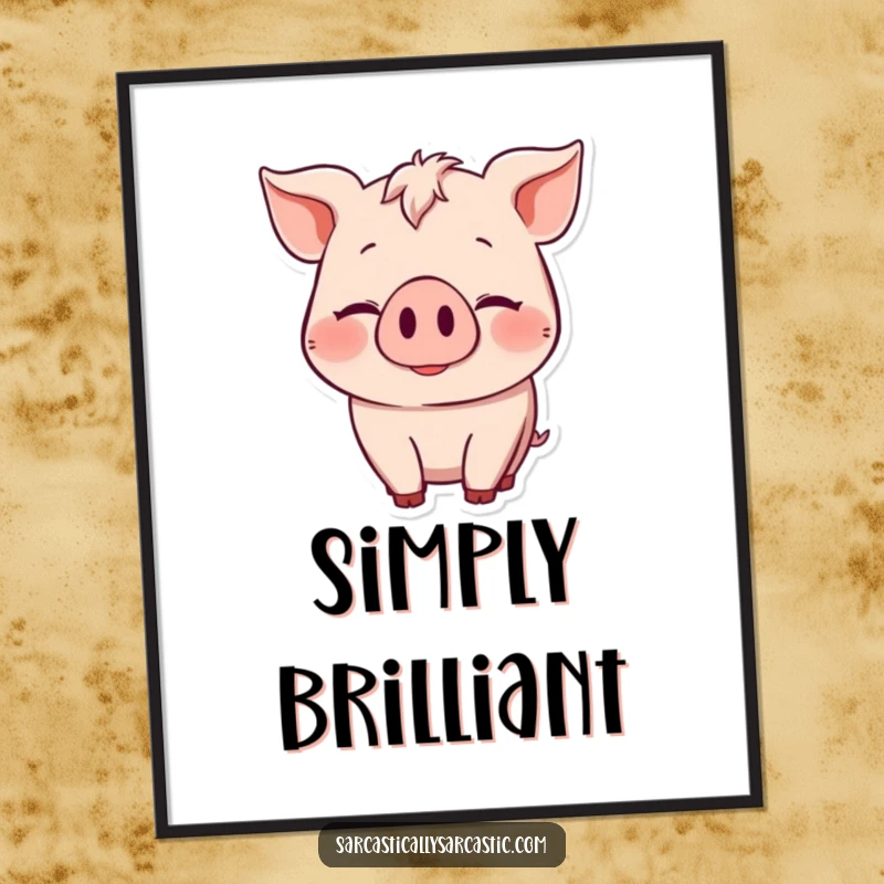 Funny Digital Art Print: Pig with a knowing smile and subtle head nod, a humorous piece for effortlessly sophisticated wall decor.