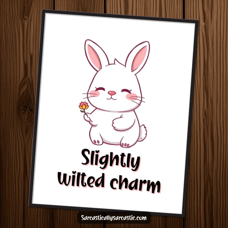 Funny rabbit digital art print featuring a rabbit with a knowing smile offering a drooping flower. Instant download.
