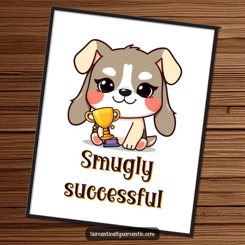 Funny smug dog trophy digital art print of a grinning dog holding a tiny trophy, celebrating achievement with infectious pride and humor.
