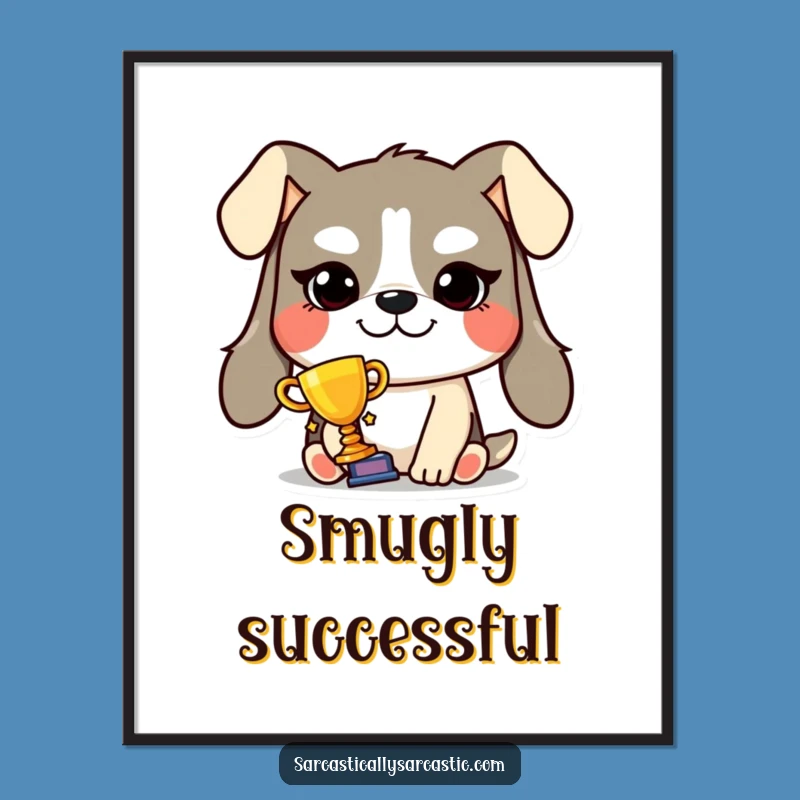 Funny Smug Dog Trophy Digital Art - Victorious Pooch Print, Instant Funny Gift