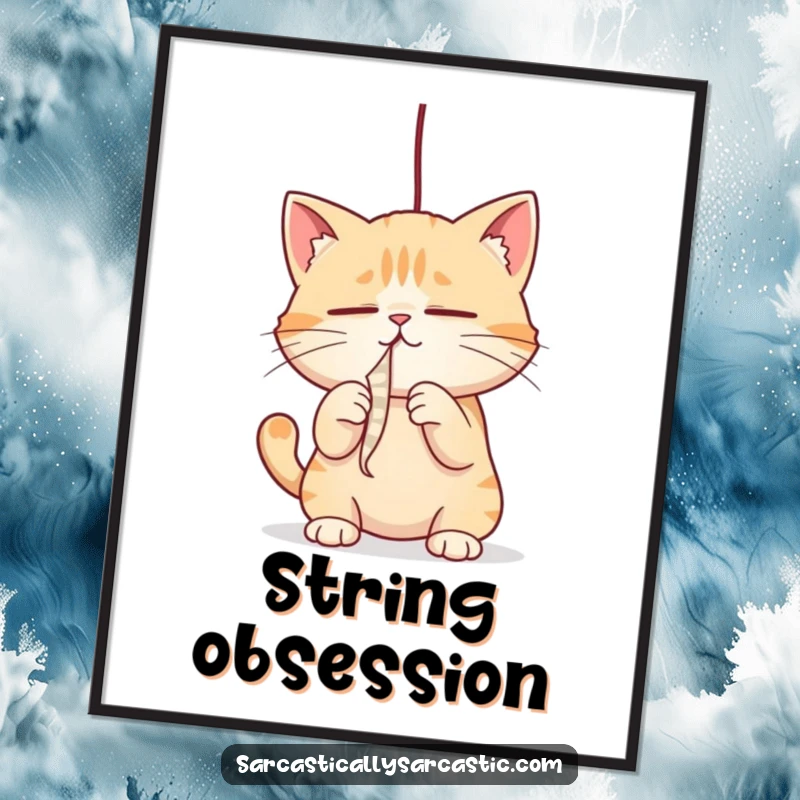 Funny cat digital art print featuring a cat intensely batting a dangling string, perfect for wall decor, a funny gift.