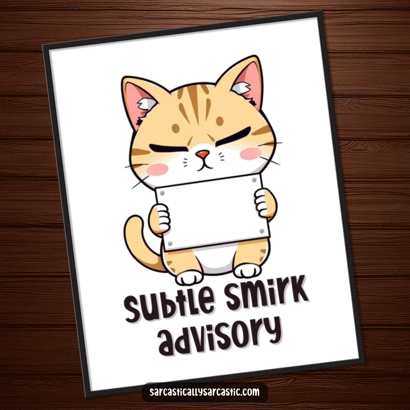 Funny digital art print of a judgmental cat with narrowed eyes and a smirk, holding a tiny sign.