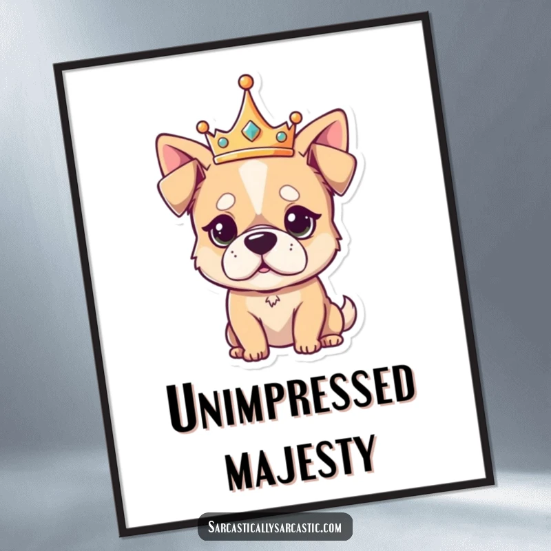 Funny Digital Art Print of a kawaii dog in a tiny crown with an unimpressed expression, capturing regal sass and humor.