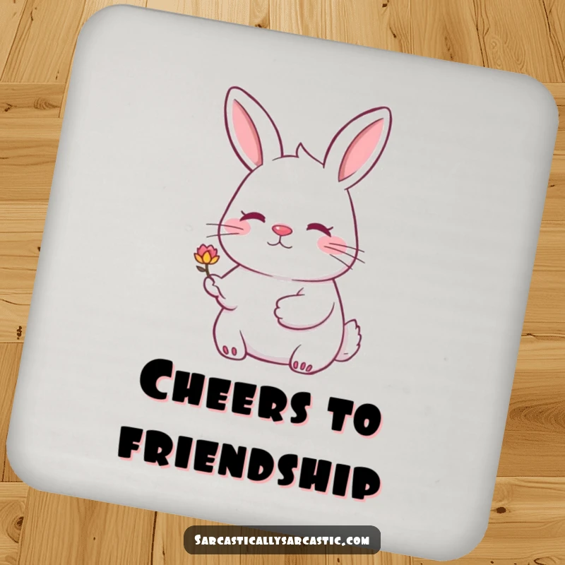 Funny rabbit coaster with a rabbit smiling knowingly and offering a wilting flower. A sweet and protective accessory.