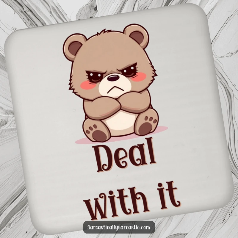 Funny Grumpy Bear Cub Coasters featuring a cute cub with crossed arms, protecting surfaces with humorous, unimpressed flair.
