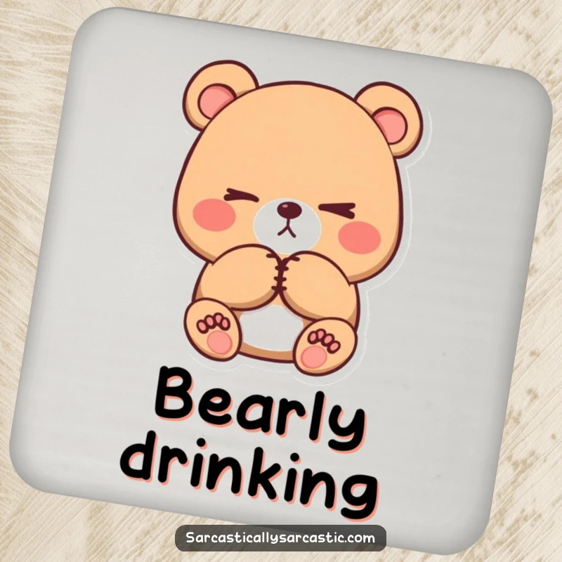 Funny kawaii bear coasters, featuring a cute character with crossed paws and a subtle eye-roll, protecting surfaces.