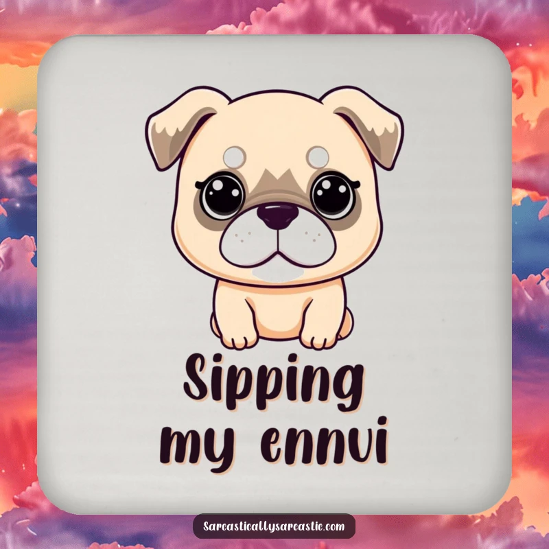 Funny Drink Coasters: Kawaii dog with a deadpan expression and droopy ears, protecting surfaces with humorous indifference, a great funny gift.