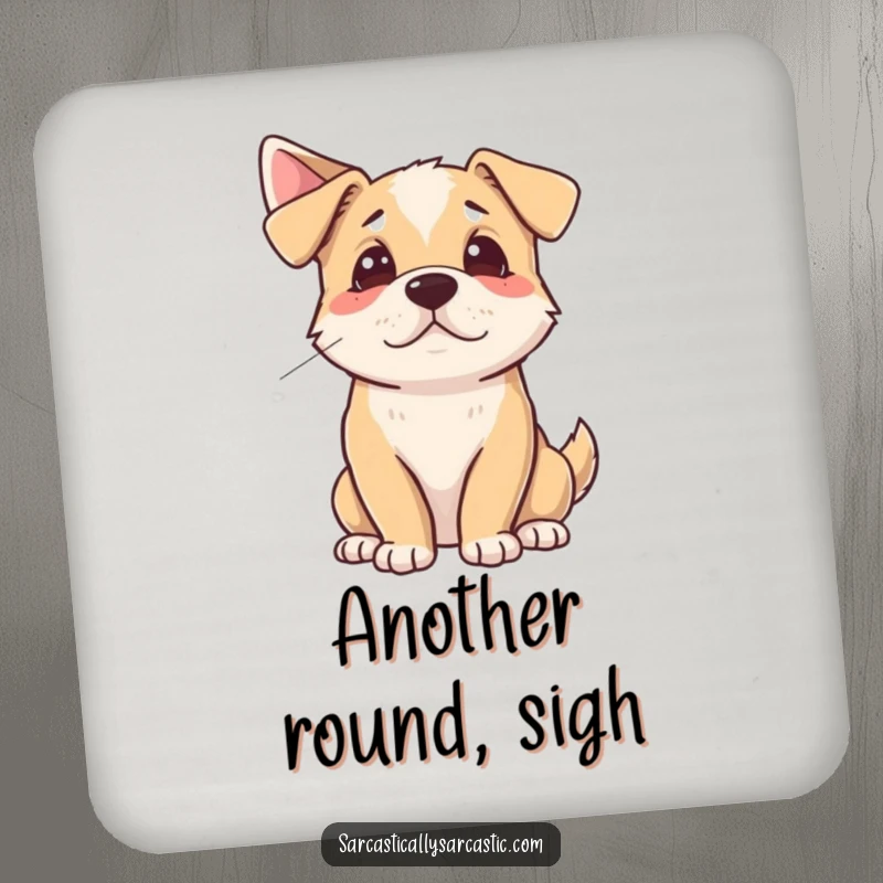 Funny Coaster Set showing a dog dramatically sighing while looking away, offering stylish and humorous surface protection.