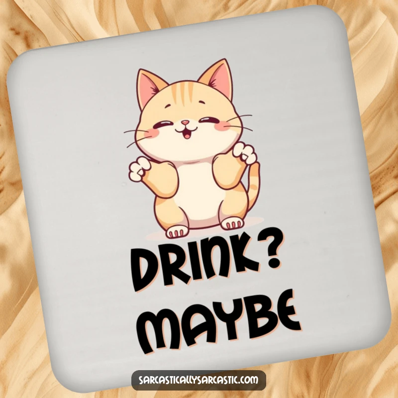 Funny drink coaster featuring a kawaii cat innocently shrugging its front paws, protecting surfaces with humor.