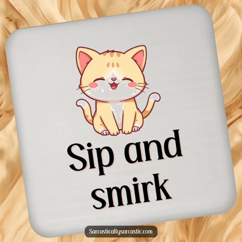 Funny drink coaster featuring a kawaii cat with a smirk, playfully flicking its tail, protecting surfaces with humor.