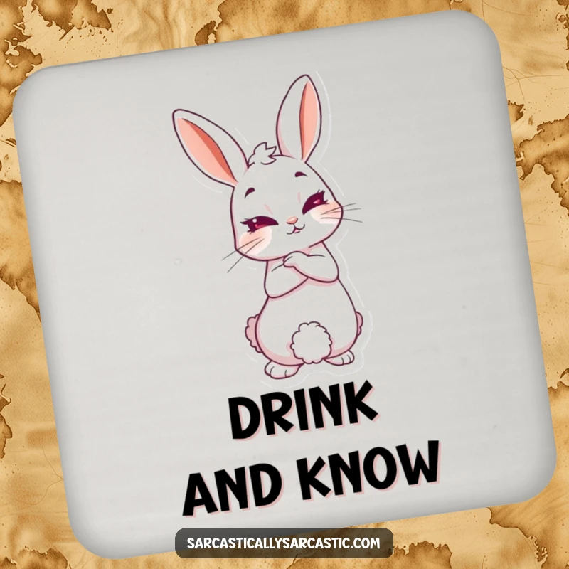 Funny knowing rabbit coaster featuring a sly rabbit with a knowing smirk, perfect for protecting surfaces with playful mystery and charm.