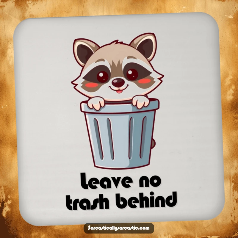 Funny raccoon coaster featuring a cheerful raccoon peeking from behind a trash can with a mischievous smirk.