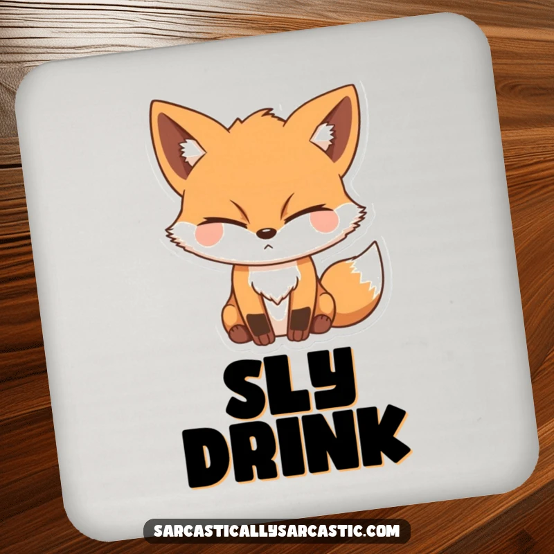 Funny drink coaster showing a sly fox with a knowing wink and a cunning expression, adding charm to surface protection.
