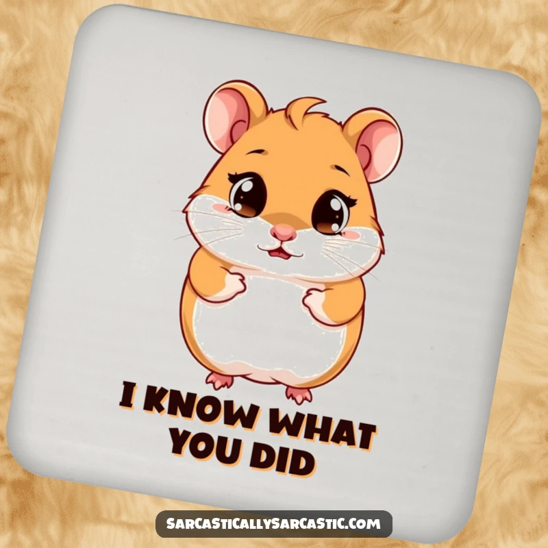 Funny hamster coaster featuring a cute character with a knowing smirk and bright, observant eyes, adding humor to tabletops.