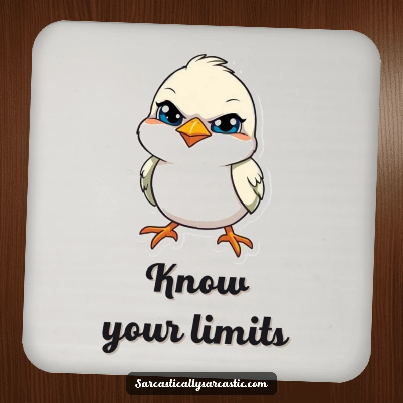 Funny drink coaster set featuring a bird with a tilted head and a knowing, sly smile, adding witty decor.