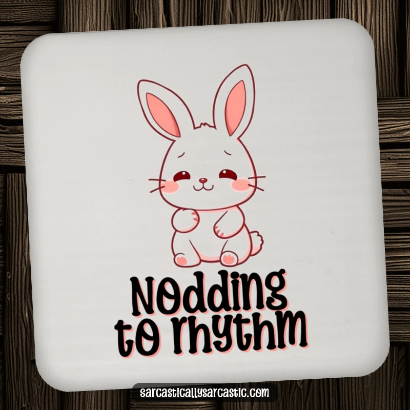 Funny kawaii rabbit drink coaster, humorously displaying a slow, deliberate nod of thoughtful approval.