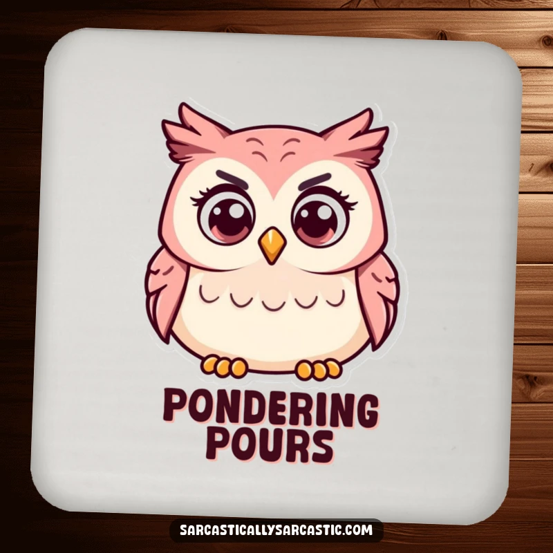 Funny drink coasters featuring a curious owl with a tilted head, adding thoughtful humor to tables.