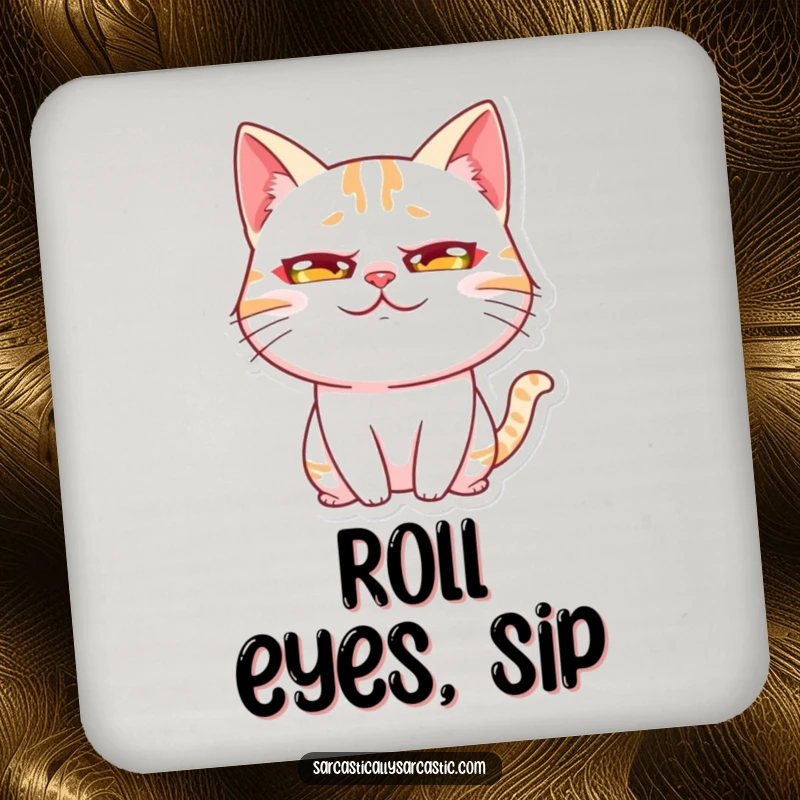 Funny Kawaii Cat Rolling Eyes Coasters featuring a cute cat character with a comically exaggerated eye-roll, protecting surfaces with sass.