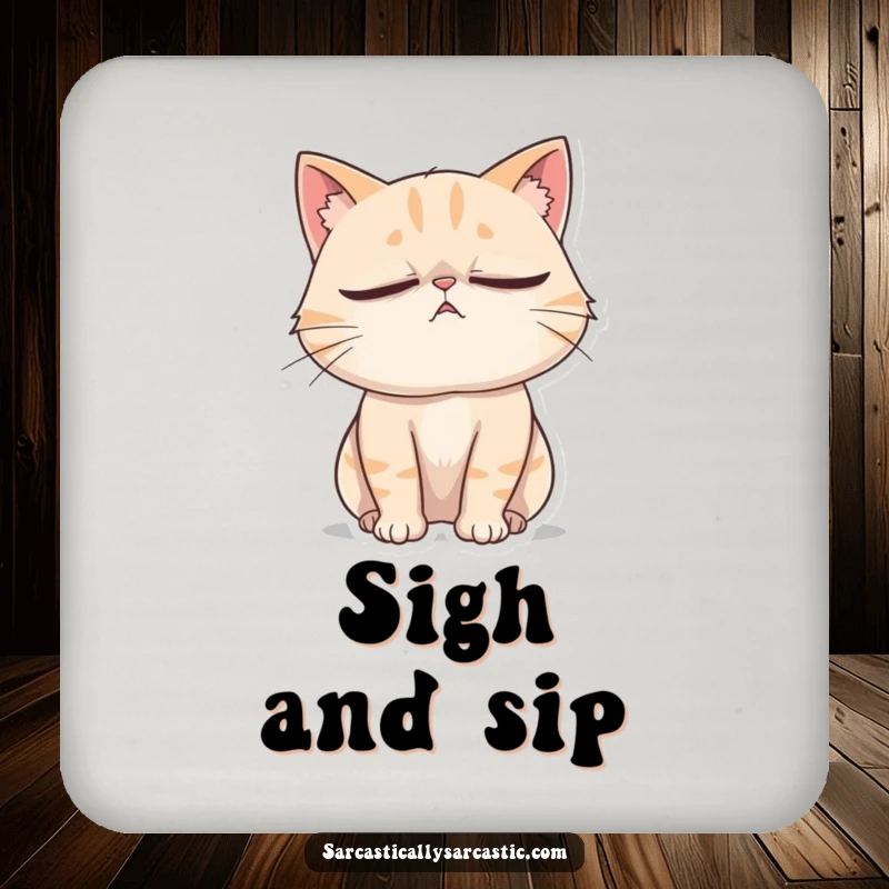 Funny Cat Coaster: A cat rolls its eyes dramatically while sighing, protecting surfaces with humor.