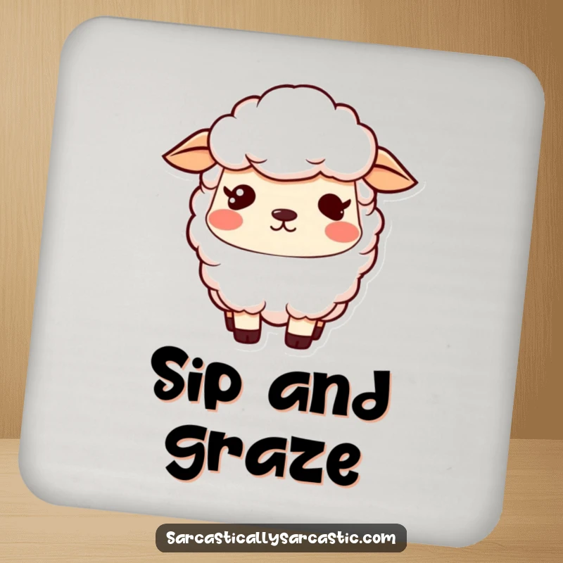 Funny kawaii sheep drink coaster with a vacant stare and a slight smirk, perfect for protecting surfaces, a funny gift.