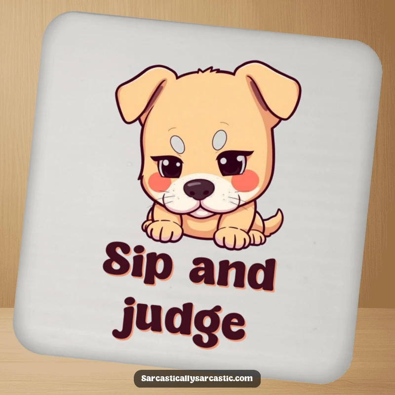 Funny dog coaster featuring a dog with a raised eyebrow, exuding subtle amusement and a knowing expression.