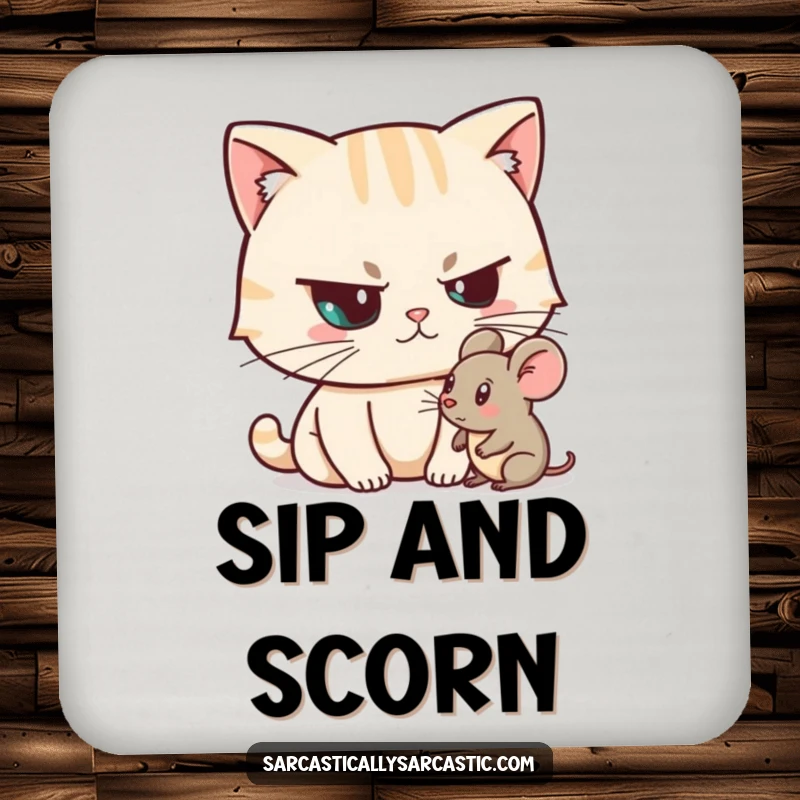 Funny Unimpressed Cat Coaster depicting a cat character looking unimpressed at a toy mouse, a functional funny gift.