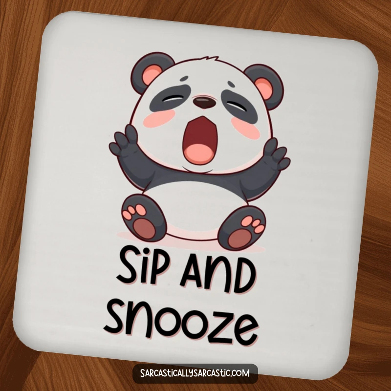 Funny panda yawning on a durable drink coaster, adding a touch of humorous boredom to protect surfaces.