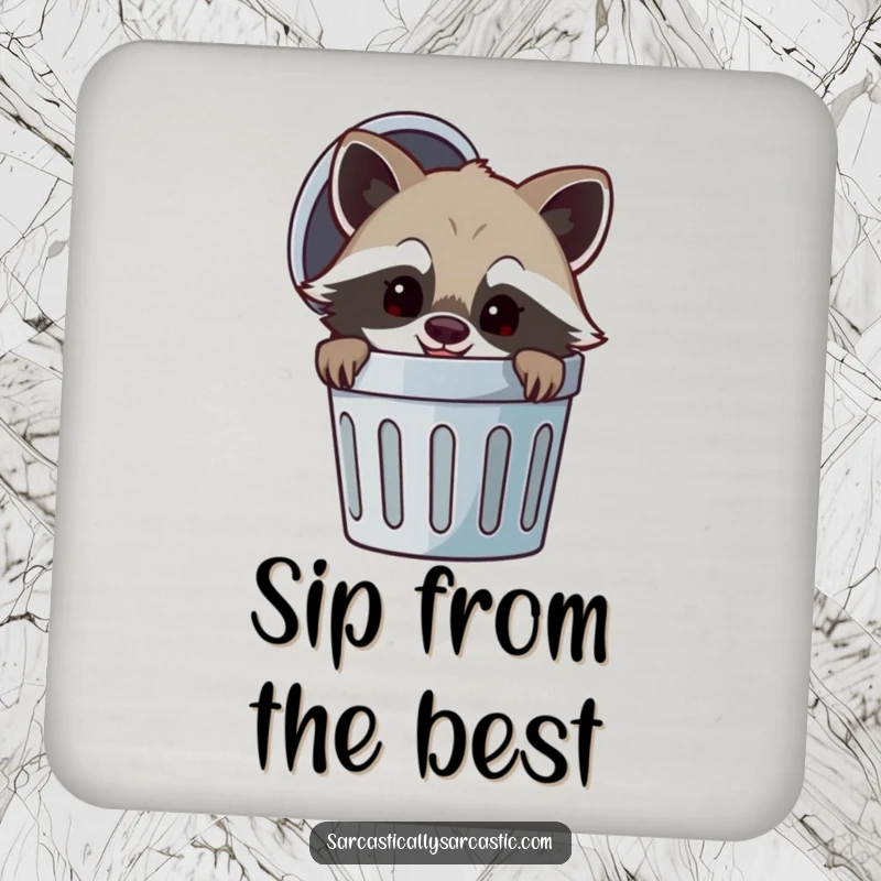 Funny drink coasters featuring a cheerful raccoon peeking from a trash can with a mischievous smirk, protecting surfaces with playful mischief.