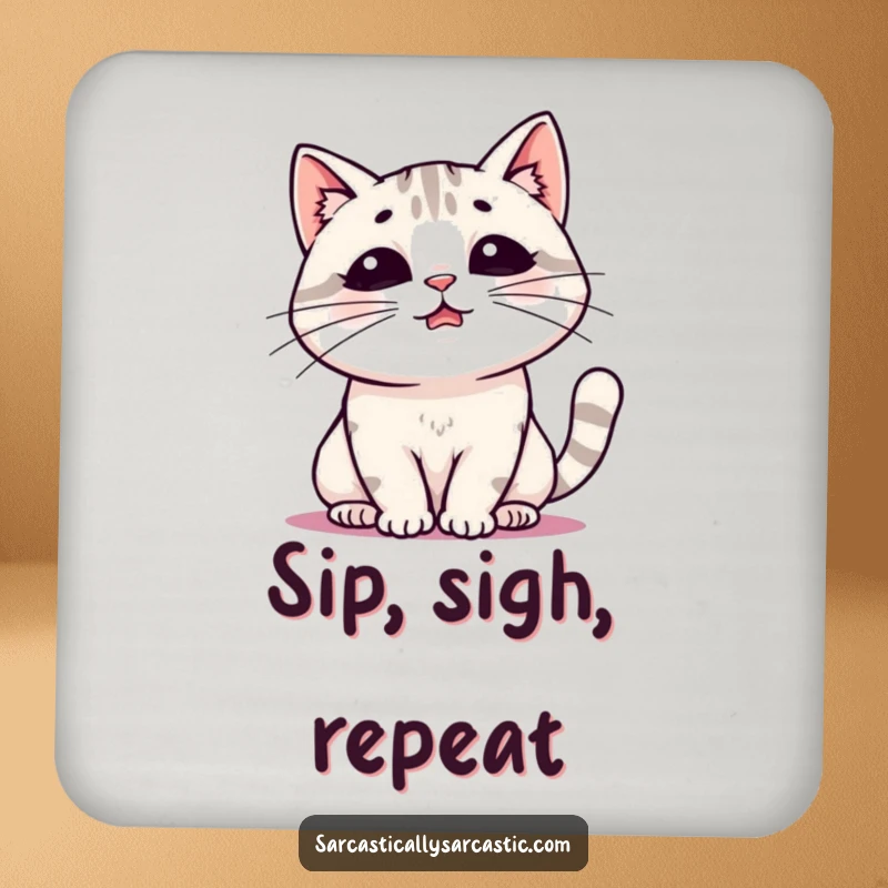 Funny drink coaster with a kawaii cat in the midst of a theatrical sigh, protecting furniture with a touch of cute, relatable humor.