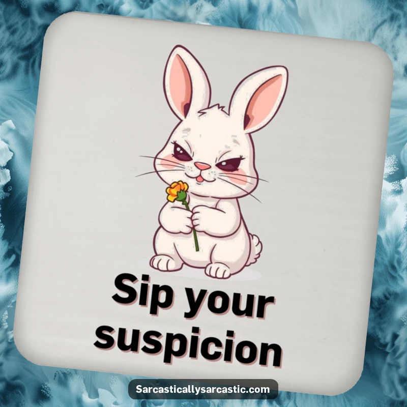 Funny drink coaster featuring a sly rabbit grinning and holding a wilted flower, a charming and funny gift.