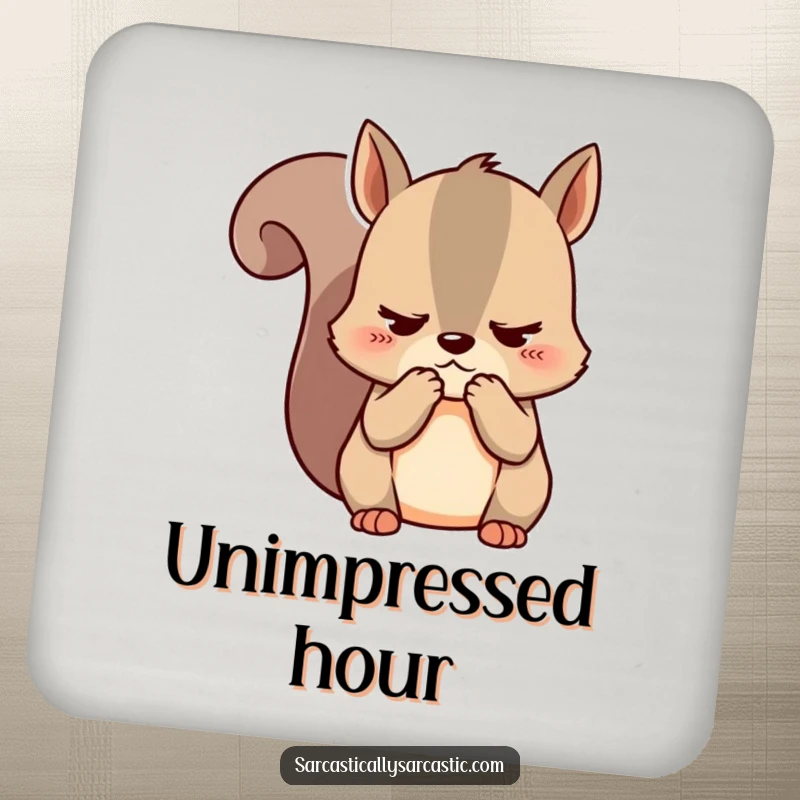 Funny kawaii squirrel coasters, featuring a cute unimpressed character clutching cheeks, protecting surfaces with sass.