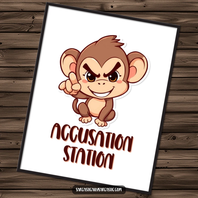 Funny Poster: Mischievous monkey grinning and humorously pointing accusingly, a funny piece for adding playful energy to decor.