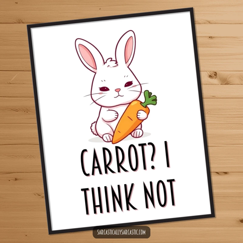 Funny Rabbit Poster: A rabbit raises an eyebrow skeptically at a carrot, bringing witty doubt to wall art.
