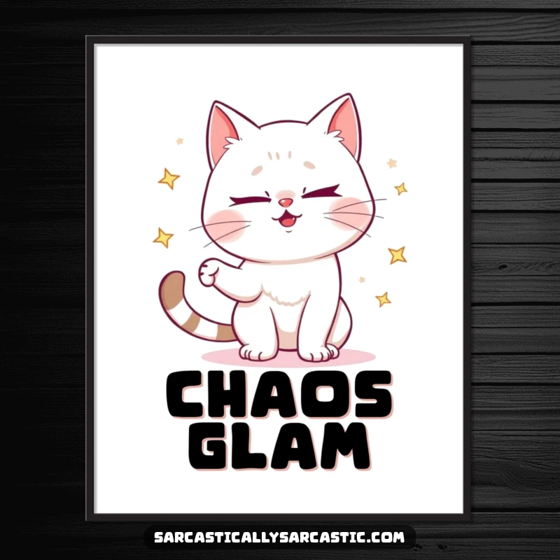 Funny poster showcasing a mischievous cat winking while juggling small, sparkly objects, perfect wall art.
