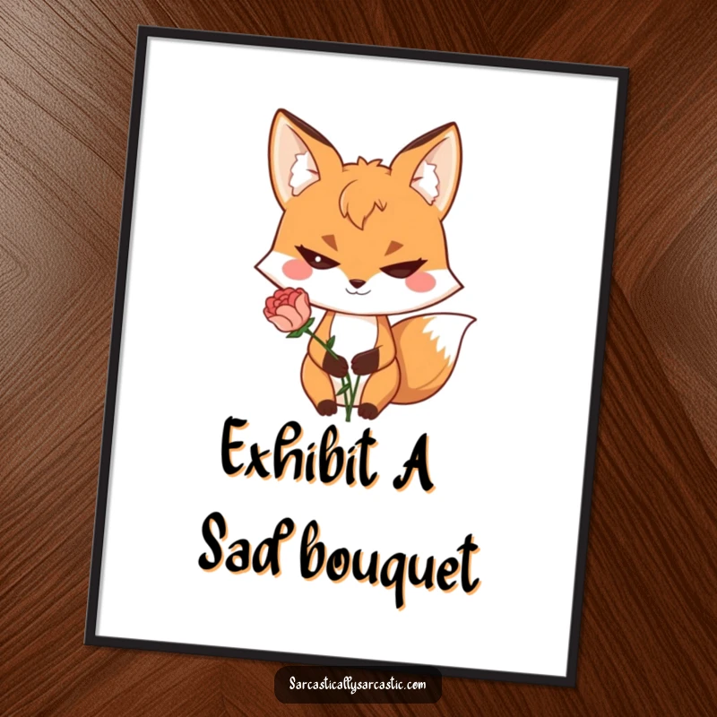 Funny poster showcasing a sly fox character with a mischievous grin and a slightly wilted flower, perfect wall art.