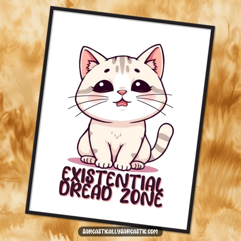 Funny poster featuring a kawaii cat in a state of profound, drawn-out sigh, adding a humorous and relatable touch to wall decor.