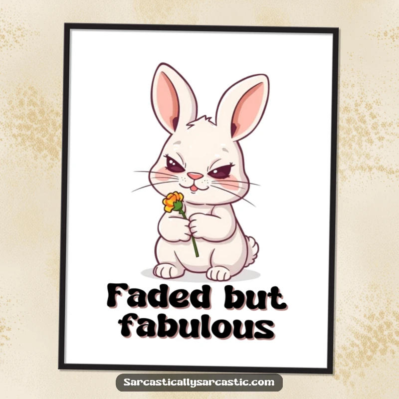 Funny poster of a sly rabbit grinning while holding a tiny, wilted flower, a piece of quirky and funny art, a funny gift.