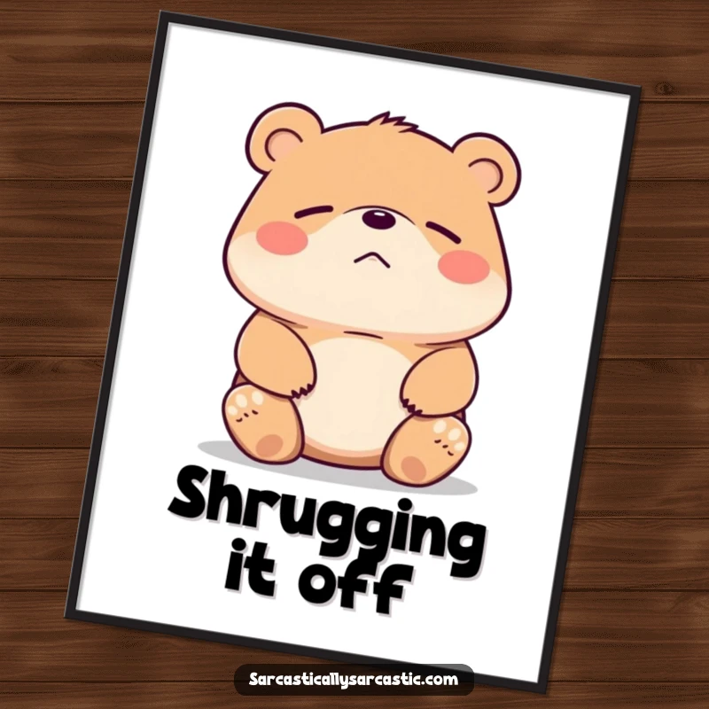 Funny bear poster featuring a bear shrugging its shoulders with a faint, unimpressed smirk. Humorous wall art.