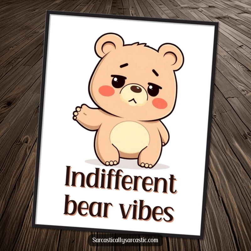 Funny Poster: Deadpan bear shrugging its shoulders, a humorous and minimalist piece for adding a touch of apathy to decor.