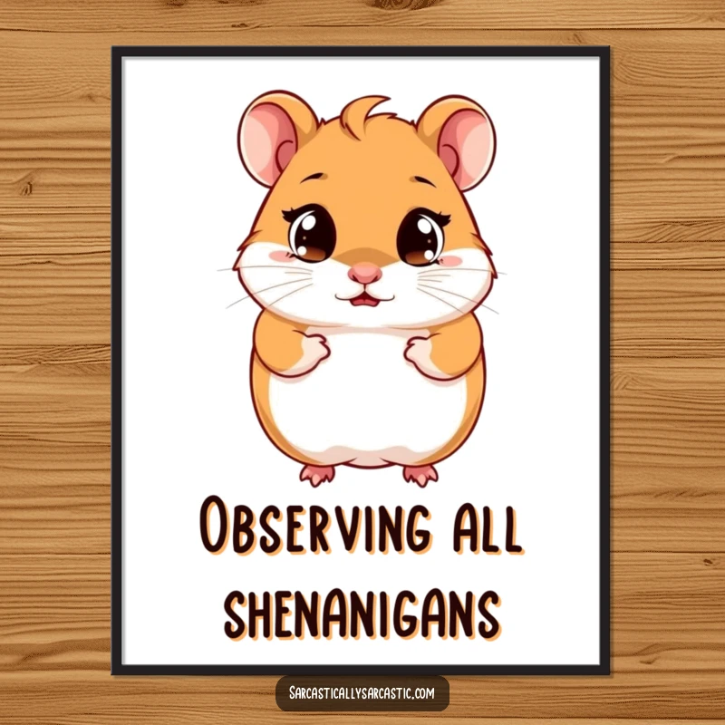 Funny hamster poster featuring a cute character with a tiny, knowing smirk and bright, observant eyes, bringing humor to your walls.