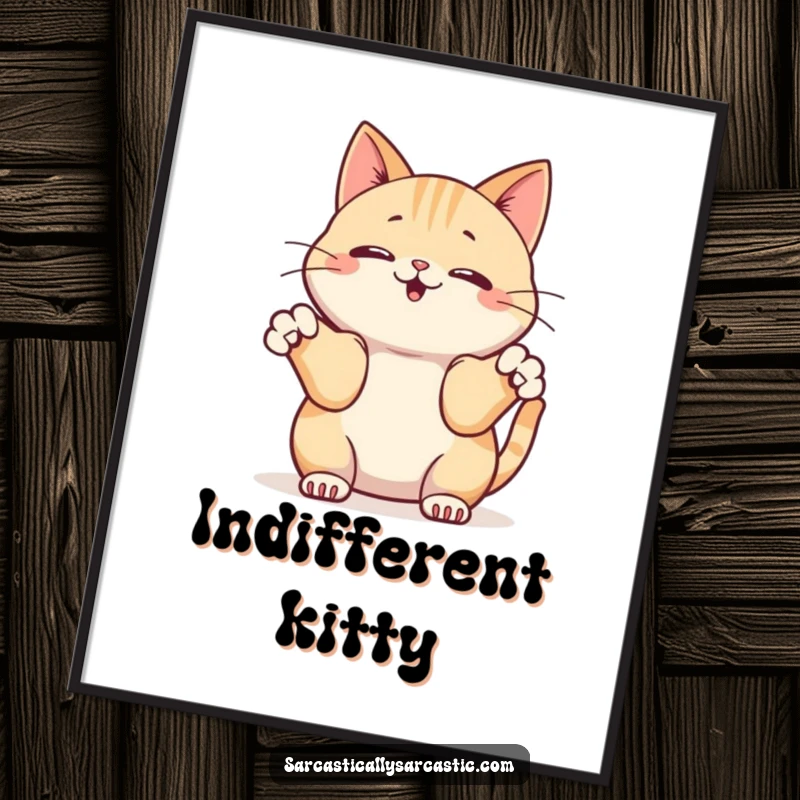 Funny poster art of a kawaii cat innocently shrugging with its front paws, conveying relatable humor and charm.