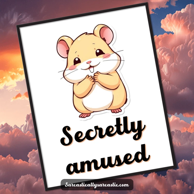 Funny kawaii hamster poster art featuring a paw to mouth, stifling a smile, conveying playful secrets, a funny gift.