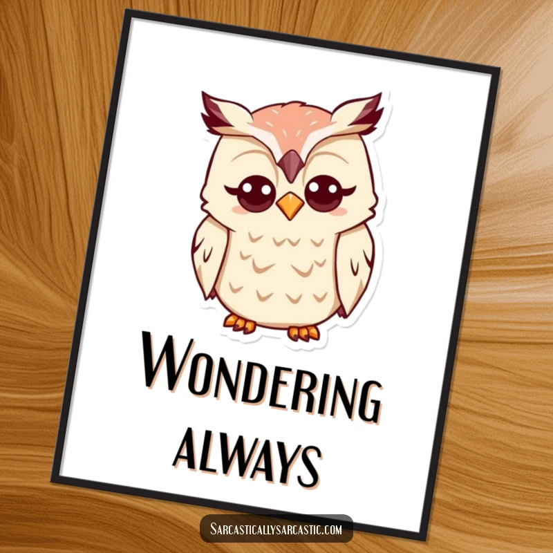Funny Kawaii Owl Poster: A cute owl tilts its head with a funny, quizzical expression, adding thoughtful art to walls.